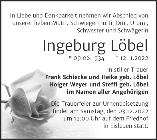 Traueranzeige von Ingeburg Löbel von Trauerkombi Mansfelder Land
