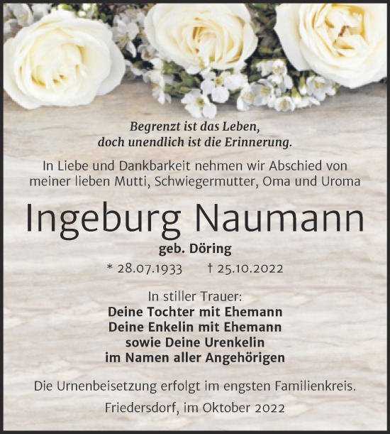 Traueranzeige von Ingeburg Naumann von Trauerkombi Bitterfeld