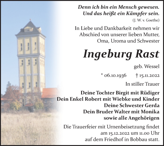 Traueranzeige von Ingeburg Rast von Trauerkombi Bitterfeld