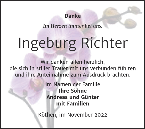 Traueranzeige von Ingeburg Richter von Trauerkombi Köthen