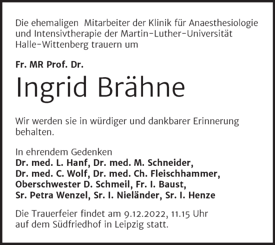 Traueranzeige von Ingrid Brähne von Mitteldeutsche Zeitung Halle/Saalkreis
