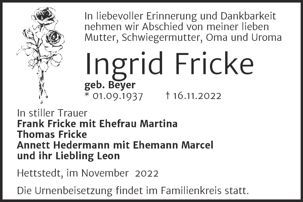  Traueranzeige für Ingrid Fricke vom 19.11.2022 aus Mitteldeutsche Zeitung Mansfelder Land