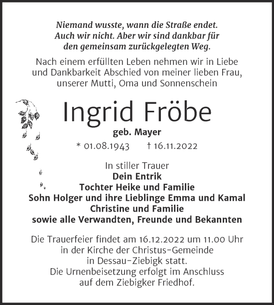 Traueranzeige von Ingrid Fröbe von Mitteldeutsche Zeitung Dessau-Roßlau