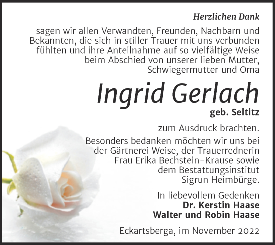 Traueranzeige von Ingrid Gerlach von Wochenspiegel Naumburg/Nebra