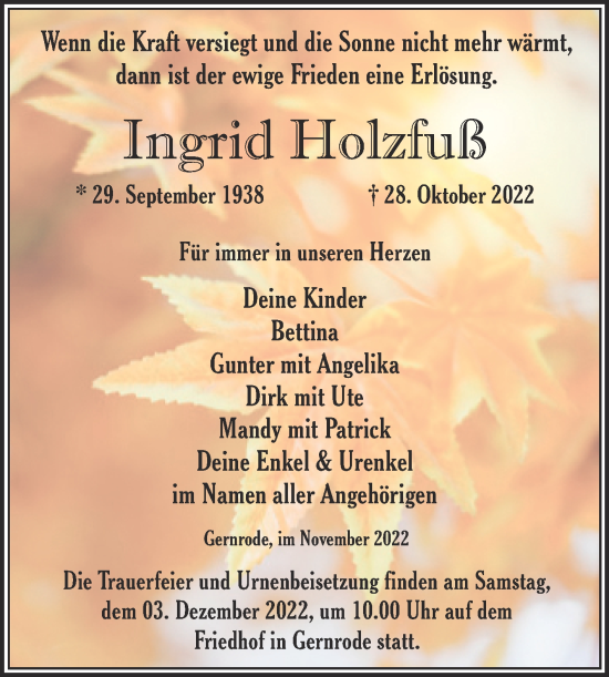 Traueranzeige von Ingrid Holzfuß von Trauerkombi Quedlinburg