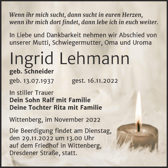 Traueranzeige von Ingrid Lehmann von Trauerkombi Wittenberg