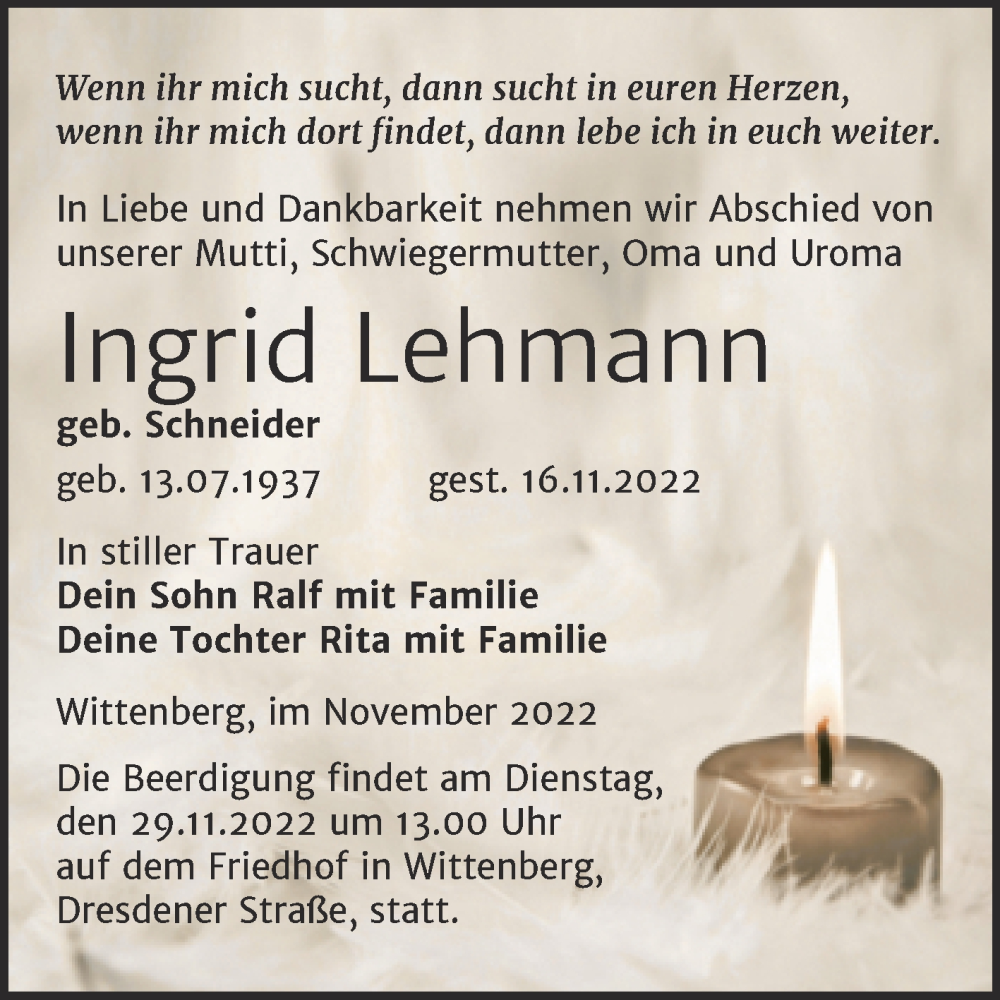  Traueranzeige für Ingrid Lehmann vom 26.11.2022 aus Trauerkombi Wittenberg