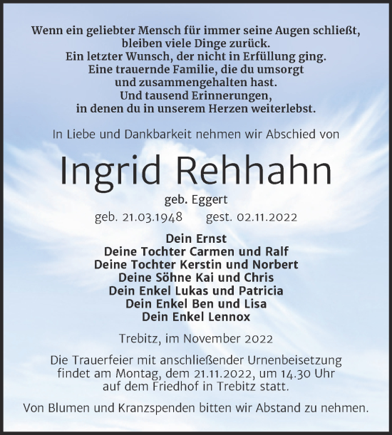 Traueranzeige von Ingrid Rehhahn von Trauerkombi Wittenberg