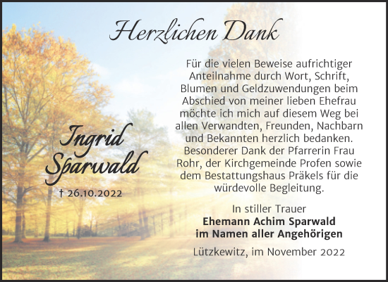 Traueranzeige von Ingrid Sparwald von Trauerkombi Zeitz