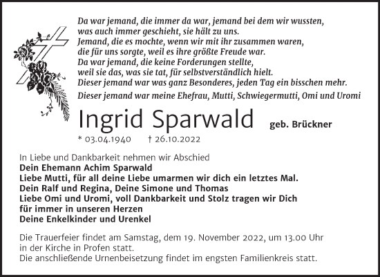 Traueranzeige von Ingrid Sparwald von Trauerkombi Zeitz