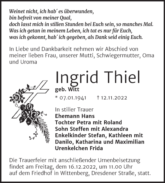 Traueranzeige von Ingrid Thiel von Trauerkombi Wittenberg