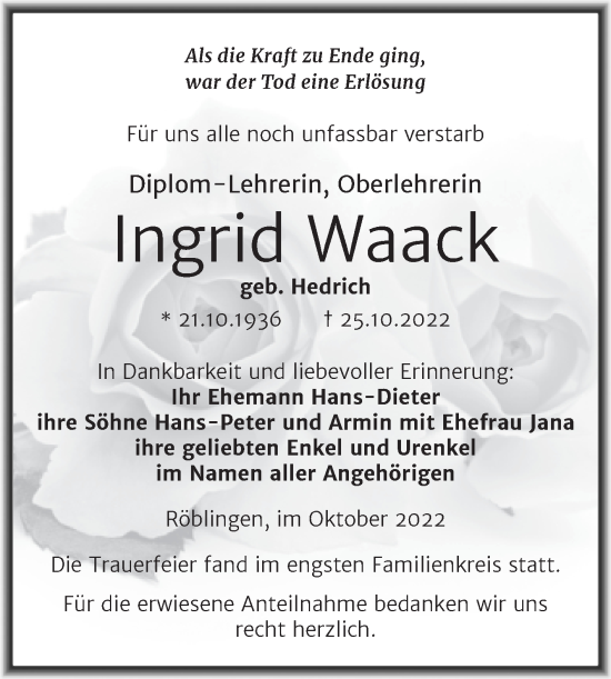 Traueranzeige von Ingrid Waack von Trauerkombi Mansfelder Land