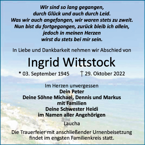 Traueranzeige von Ingrid Wittstock von Wochenspiegel Naumburg/Nebra
