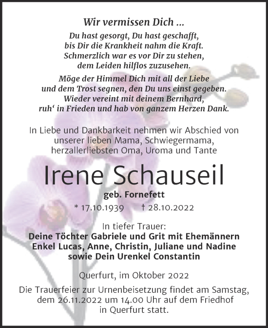 Traueranzeige von Irene Schauseil von Trauerkombi Merseburg