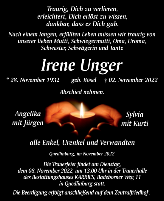 Traueranzeige von Irene Unger von Mitteldeutsche Zeitung Quedlingburg