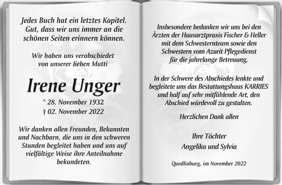 Traueranzeige von Irene Unger von Trauerkombi Quedlinburg