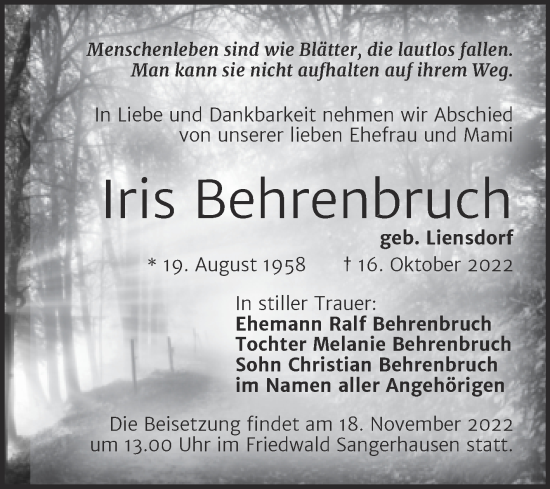 Traueranzeige von Iris Behrenbruch von Trauerkombi Sangerhausen