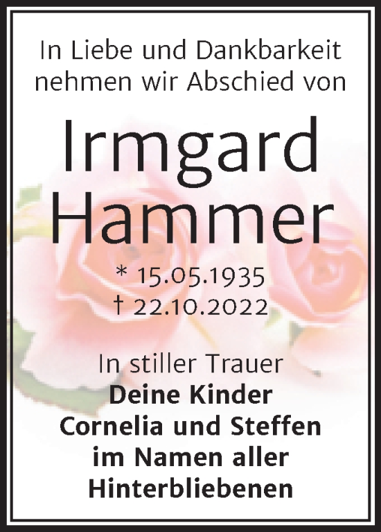 Traueranzeige von Irmgard Hammer von Trauerkombi Merseburg