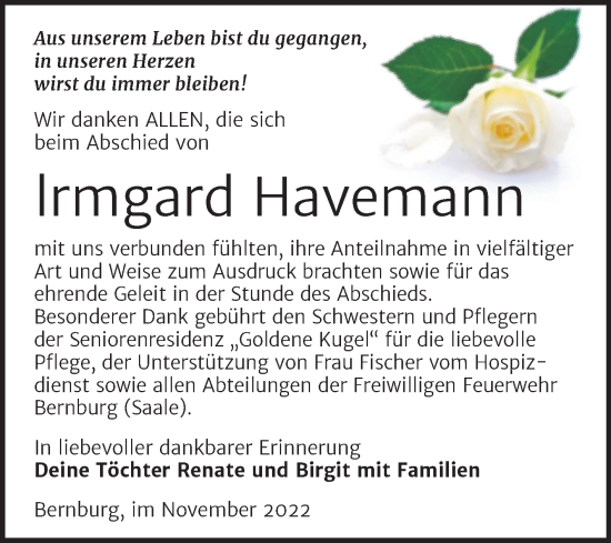 Traueranzeige von Irmgard Havemann von Trauerkombi Bernburg