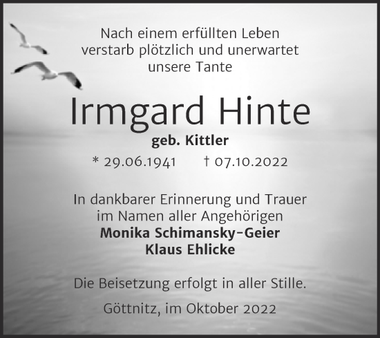 Traueranzeige von Irmgard Hinte von Trauerkombi Bitterfeld