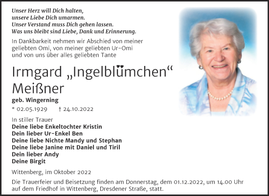 Traueranzeige von Irmgard Meißner von Trauerkombi Wittenberg