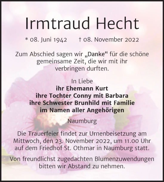 Traueranzeige von Irmtraud Hecht von Wochenspiegel Naumburg/Nebra