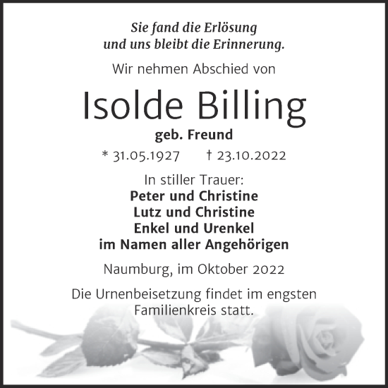 Traueranzeige von Isolde Billing von Wochenspiegel Naumburg/Nebra