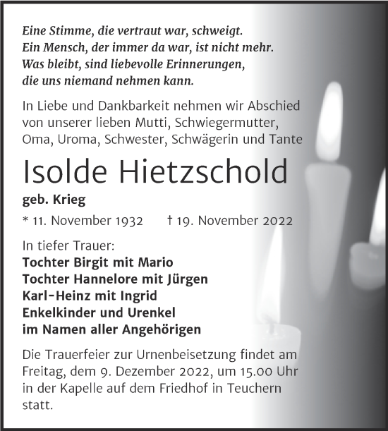 Traueranzeige von Isolde Hietzschold von Trauerkombi Weißenfels