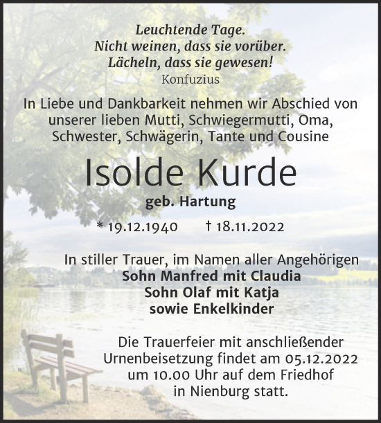 Traueranzeige von Isolde Kurde von Trauerkombi Bernburg
