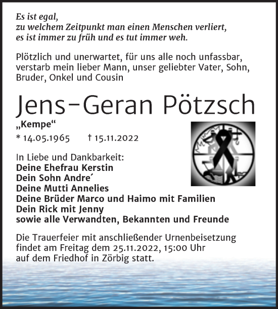 Traueranzeige von Jens-Geran Pötzsch von Trauerkombi Bitterfeld