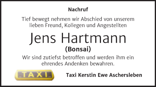 Traueranzeige von Jens Hartmann von Super Sonntag Aschersleben