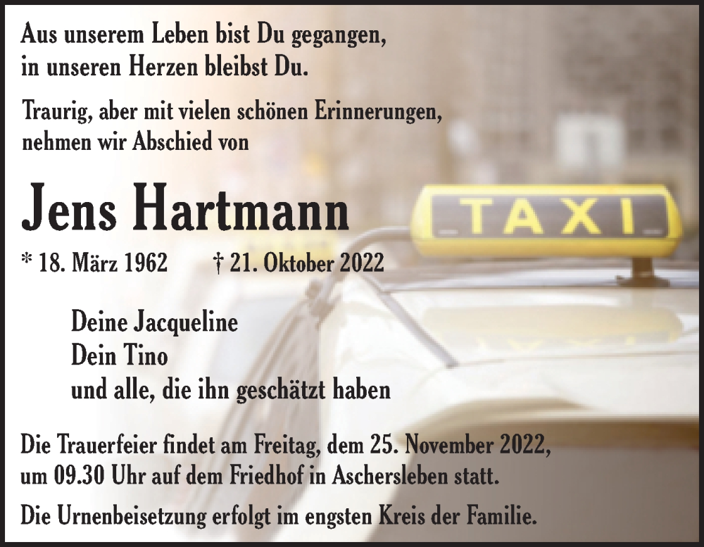  Traueranzeige für Jens Hartmann vom 05.11.2022 aus Trauerkombi Aschersleben