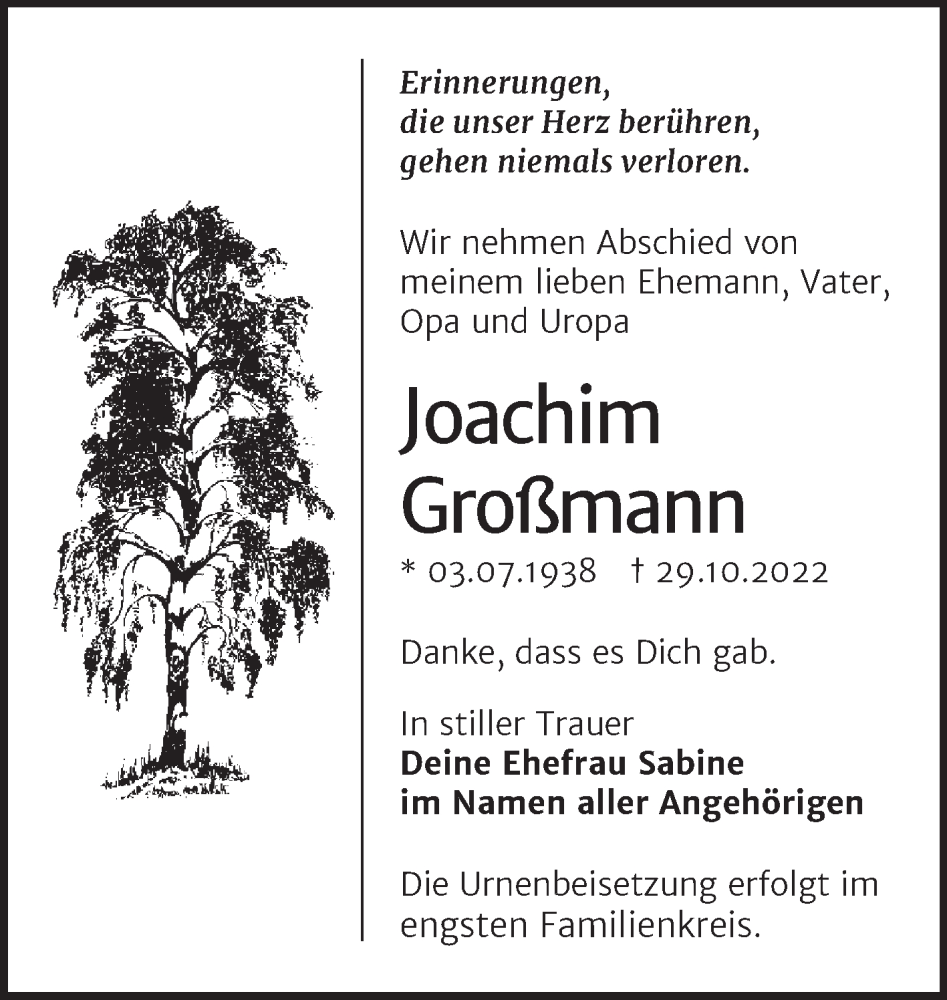  Traueranzeige für Joachim Großmann vom 23.11.2022 aus Trauerkombi Bitterfeld