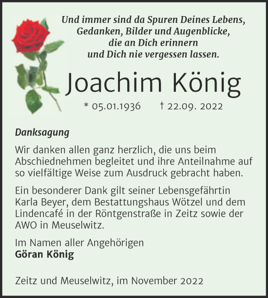 Traueranzeige von Joachim König von Trauerkombi Zeitz