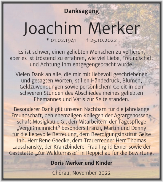 Traueranzeige von Joachim Merker von Trauerkombi Dessau