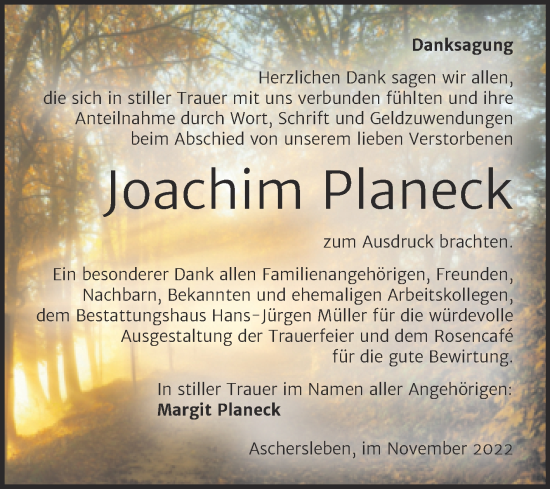 Traueranzeige von Joachim Planeck von Trauerkombi Aschersleben