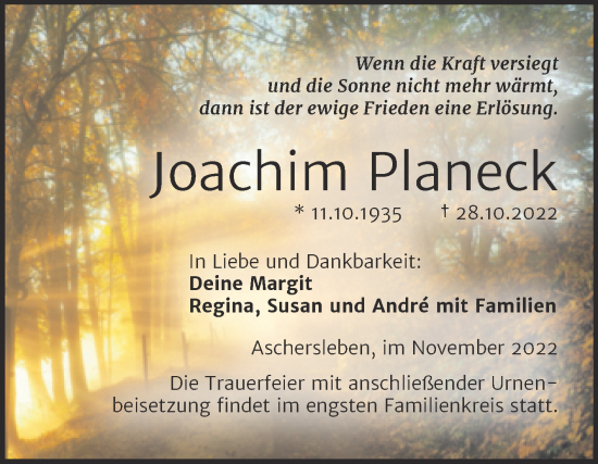 Traueranzeige von Joachim Planeck von Trauerkombi Aschersleben