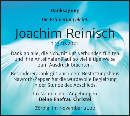 Traueranzeige von Joachim Reinisch von Trauerkombi Bitterfeld