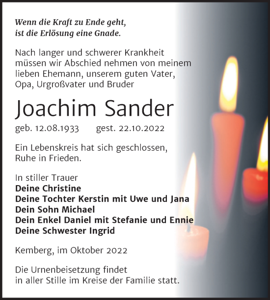 Traueranzeige von Joachim Sander von Trauerkombi Wittenberg