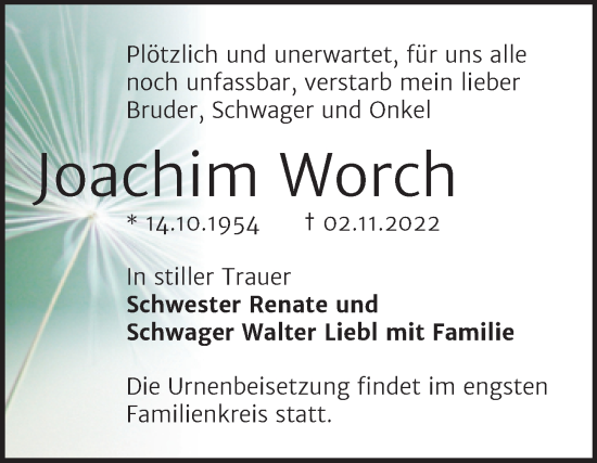 Traueranzeige von Joachim Worch von Trauerkombi Köthen