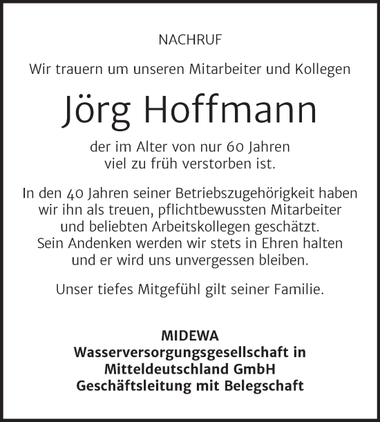 Traueranzeige von Jörg Hoffmann von Mitteldeutsche Zeitung Köthen