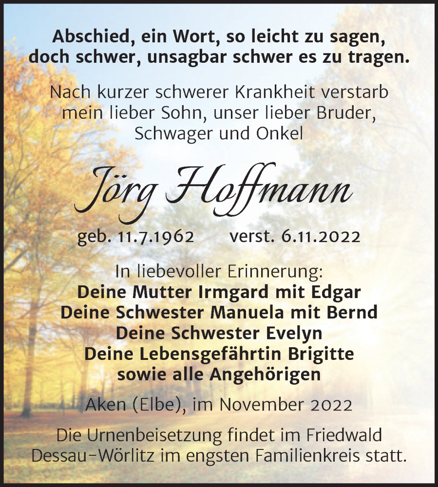  Traueranzeige für Jörg Hoffmann vom 10.11.2022 aus Trauerkombi Köthen
