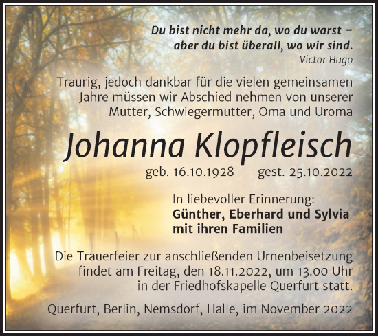 Traueranzeige von Johanna Klopfleisch von Trauerkombi Merseburg