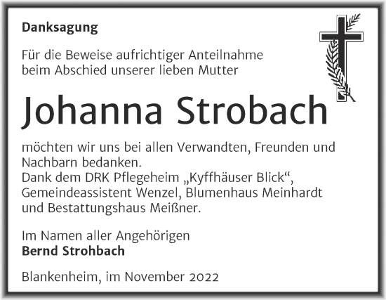 Traueranzeige von Johanna Strobach von Trauerkombi Sangerhausen