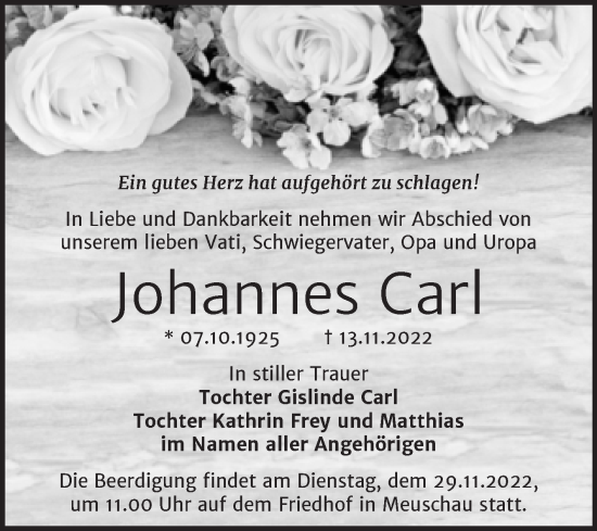 Traueranzeige von Johannes Carl von Mitteldeutsche Zeitung Weißenfels