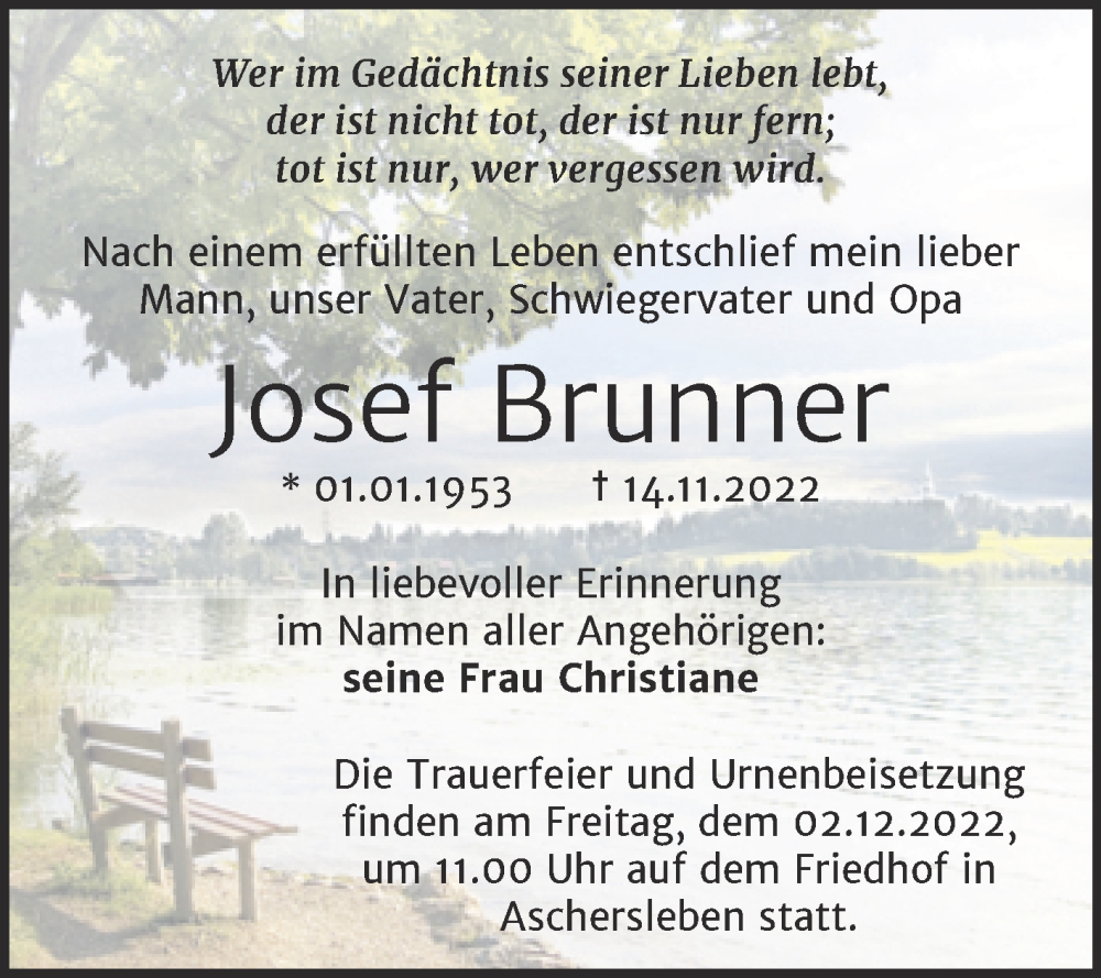  Traueranzeige für Josef Brunner vom 24.11.2022 aus Trauerkombi Aschersleben