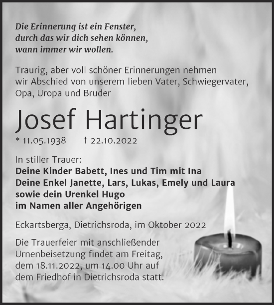 Traueranzeige von Josef Hartinger von Wochenspiegel Naumburg/Nebra