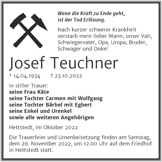Traueranzeige von Josef Teuchner von Trauerkombi Mansfelder Land