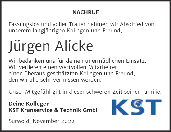 Traueranzeige von Jürgen Alicke von Mitteldeutsche Zeitung Köthen
