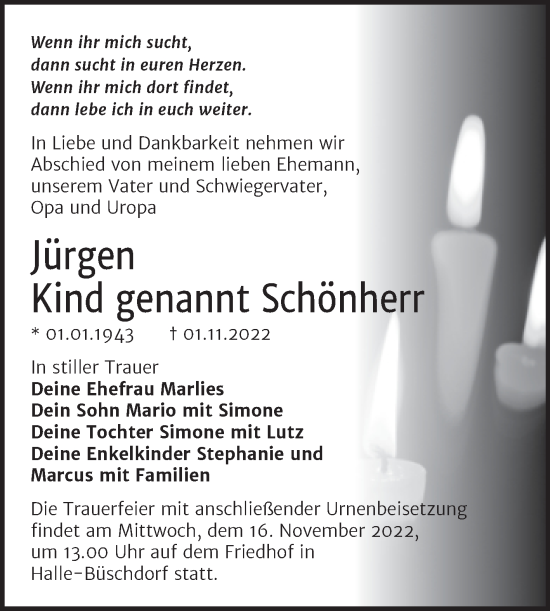 Traueranzeige von Jürgen Kind von Mitteldeutsche Zeitung Halle/Saalkreis